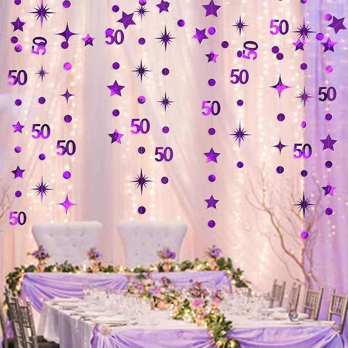 Purple 50th Birthday Decorations Number 50 Circle Dot Twinkle Star Garland Metallic Hanging Streamer Bunting Banner Backdrop for 50 Years Old Birthday Happy 50th Anniversary Fiftieth Party Supplies
