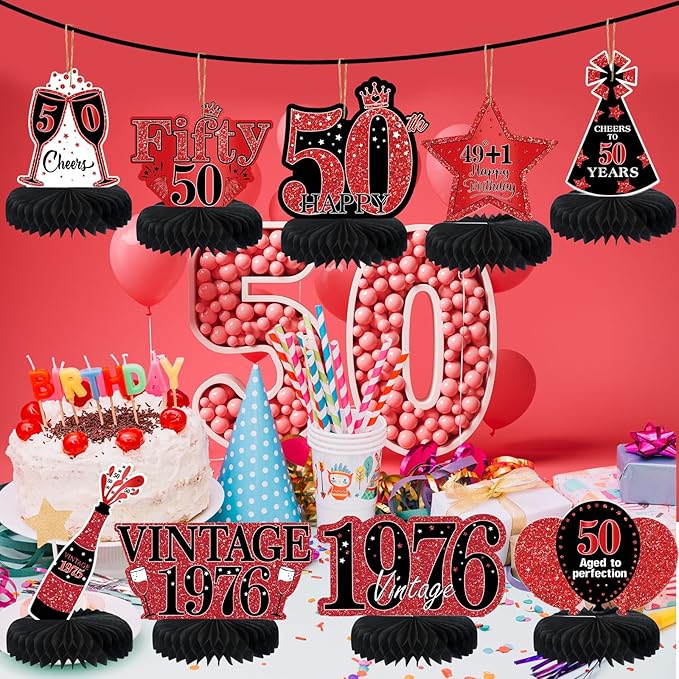 9Pcs 50th Birthday Decorations Red and Black 50th Birthday Party Decorations for Women,Happy 50 Years Vintage 1976 Aged Honeycomb Centerpieces Table Sign Decor Supplies