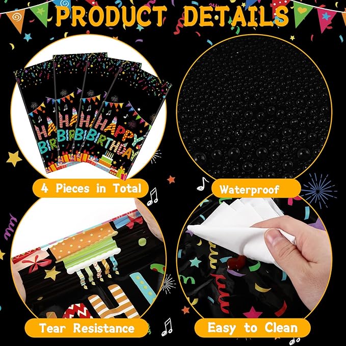 4 Pcs Happy Birthday Tablecloth 54'' x 108'' Disposable Birthday Table Cover Plastic Colorful Balloons for Kid Boy Girl Party Decoration Supplies(Black)