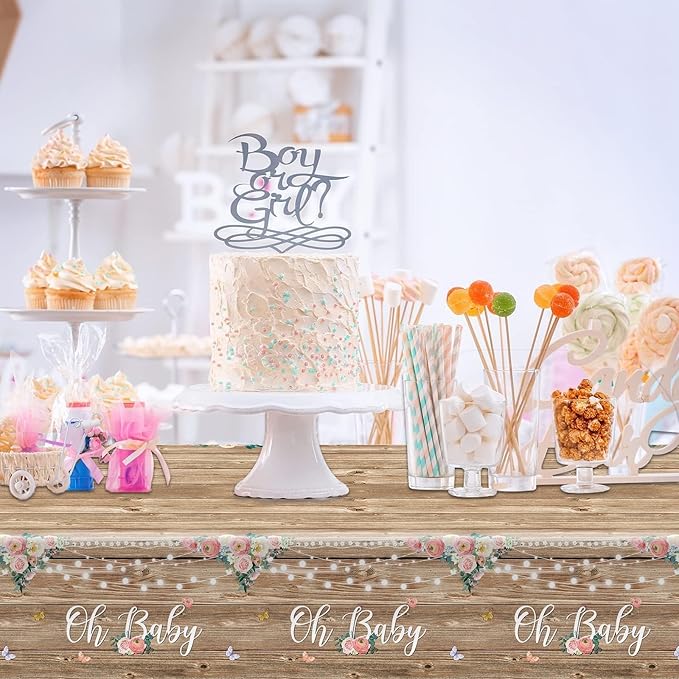 Tevxj 3 Pieces Wood Baby Shower Tablecloth Oh Baby Lace Rustic Floral Party Plastic Table Covers for Girl and Boy Floral Theme Party Decorations Supplies 54X108inch