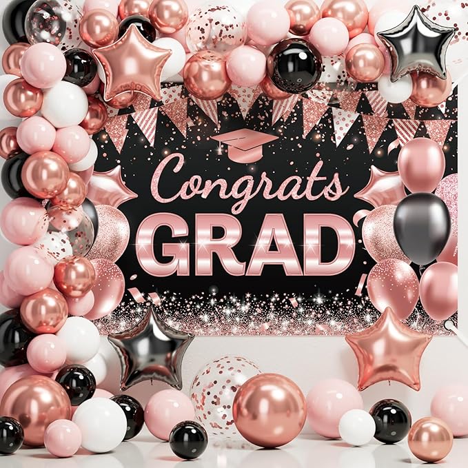 Ecomore 2026 Graduation Decorations - 245 PCS Grad Disposable Dinnerware(Serve 25) & Graduation Party Supplies With Congrats Paper Plate Cup Napkin Tablecloth Backdrop Balloon - Black Pink Rose Gold