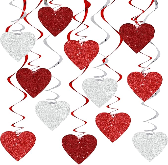 BEISHIDA Happy Valentine's Day Pre-Strung Hanging Swirls Valentine's Decorations Red Red Silver Glitter Heart Hanging Streamers for Wedding Anniversary Engagement Proposal Party Supplies 15Pcs