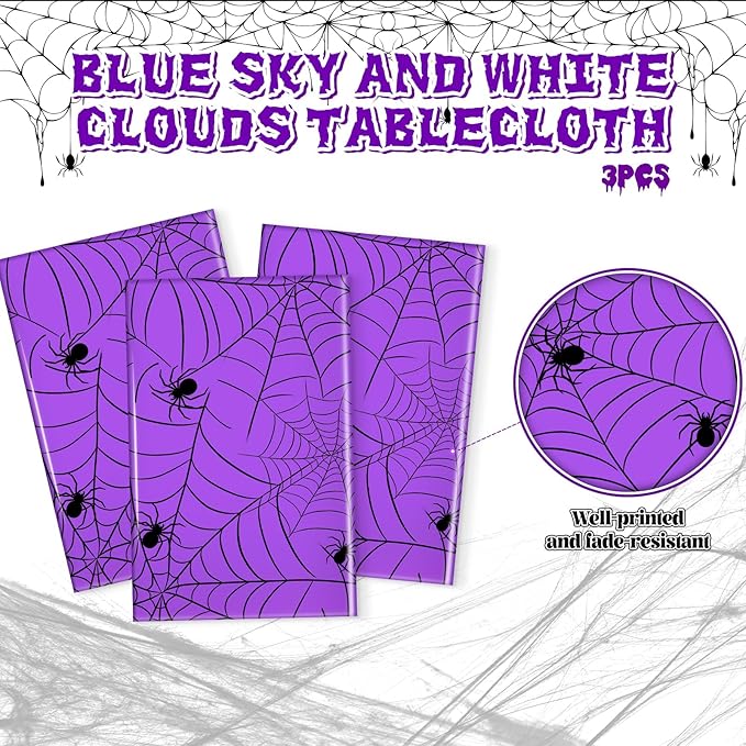 3Pcs Halloween Tablecloth - Spider Web Table Cloth, Plastic Disposable for Party Decorations 54" x 108" (Purple)