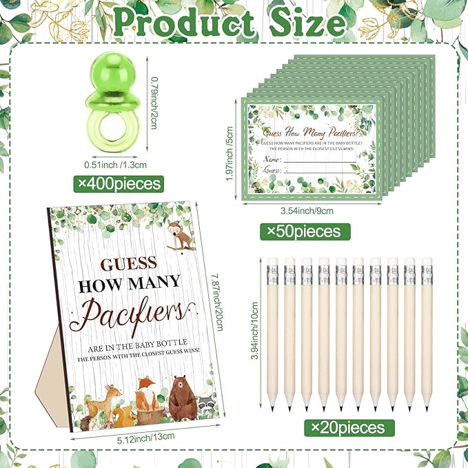 Syhood Woodland Animal Baby Shower Games Guess How Many Pacifiers Game Sign 50 Small Guessing Games 20 HB Pencils 750 ml Milk Bottle 400 Pacifiers Decorations Guests Gender Reveal Party Favors