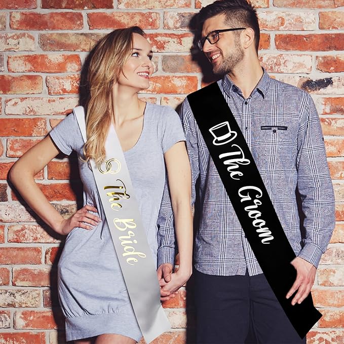 Bride and Groom Sash Just Married Sash The Bride Sash The Groom Sash Bachelorette Party Favors Just Engaged Sash Bridal Sash Engagement Gifts Black White
