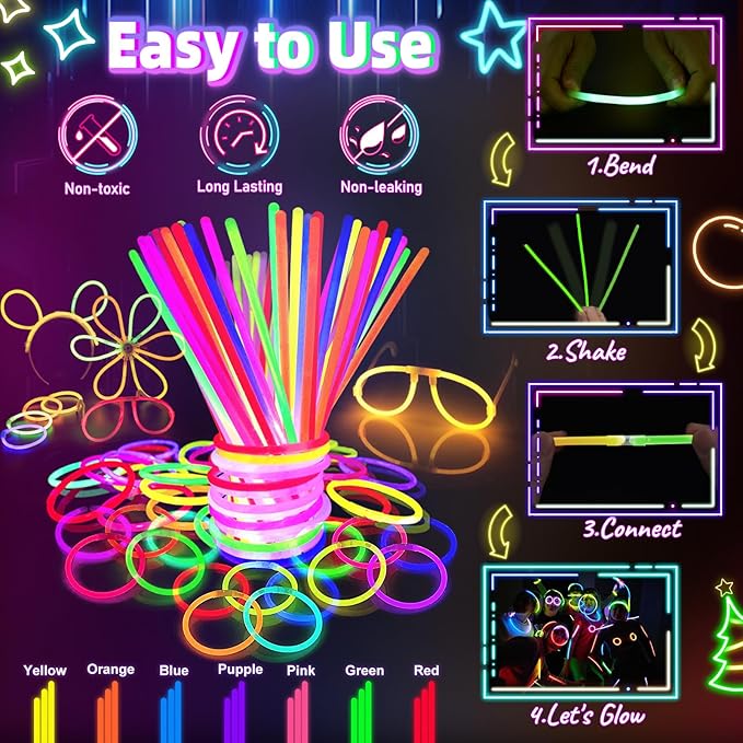 Glow in the Dark Supplies for Kids Adults, Light Up Party Favors, 56 LED Light Up Toys, 100 Glow Sticks Bulk Party Pack DIY Glasses Headbands Necklaces for Neon Party Supplies & Decorations