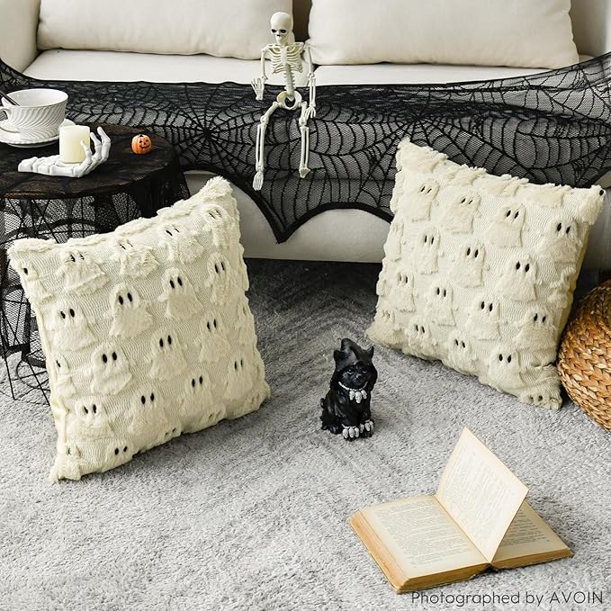 AVOIN colorlife Halloween Ghost Beige Throw Pillow Cover Set of 2, 18 x 18 Inch Soft Plush Faux Fur Jacquard Spooky Cushion Case Decoration for Sofa Couch
