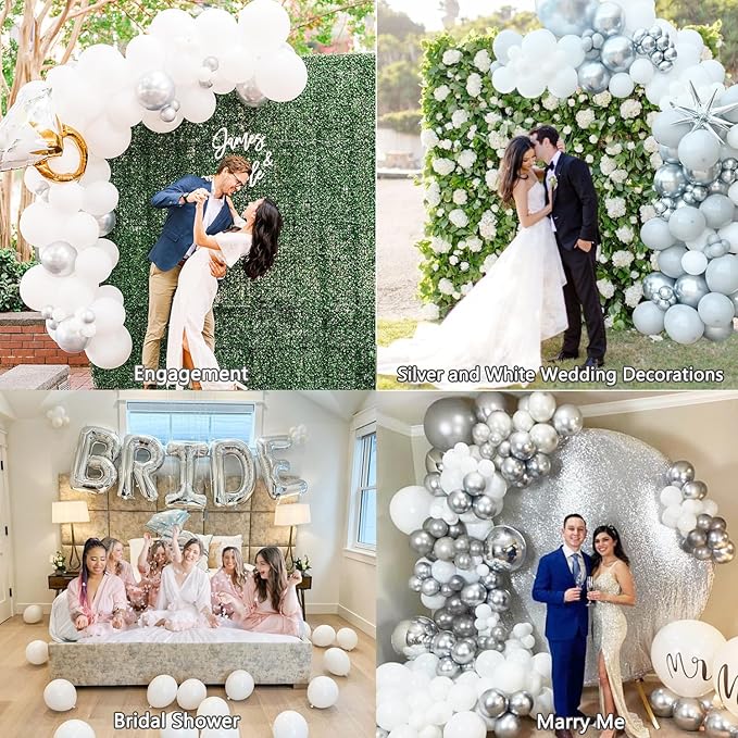 White Silver Balloon Arch Kit Garland with Grey Clear Balloons for Birthday Engagement Wedding Baby Shower Confirmation Prom 25th Anniversary Decorations