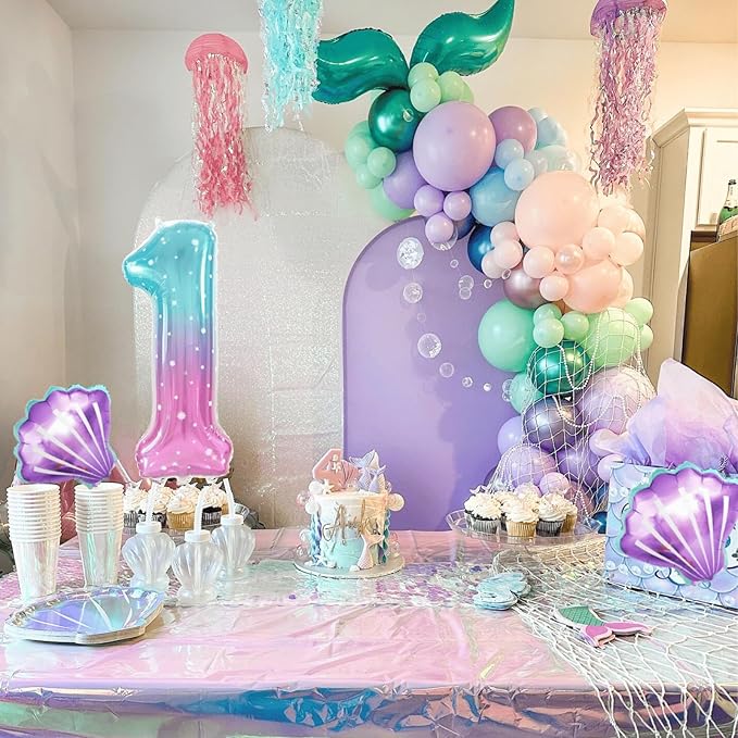 1st Mermaid Birthday Decorations for Girls,First Party Decorations Metallic Purple Green Pink Blue Latex Balloons Number 1 Seashell Foil Balloons Banner Cake Topper Sea Party Decor