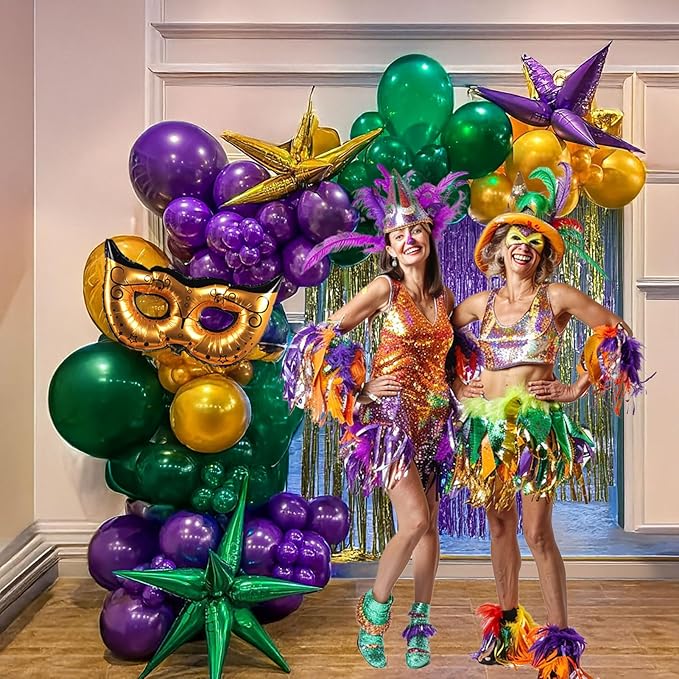 Mardi balloon garland arch kit 130pcs Purple green gold with golden confetti balloons Mylar star Crown and Crown Mask Balloons for Gorgeous Funny Grand Fat Tuesday Party decorations