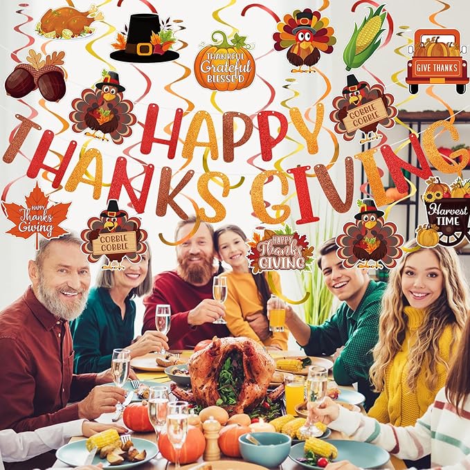 Happy Thanksgiving Banner Hanging Swirls Decorations Thanksgiving Fall Party Banner Turkey Pumpkin Maple Leaf Hanging Decorations for Home Office Indoor Classroom Party