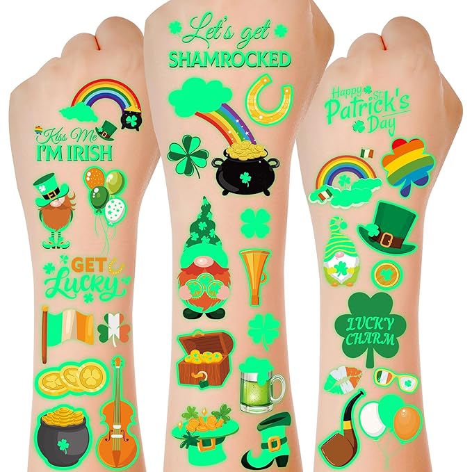 99 Pcs St Patricks Day Tattoos, 12 Sheet Luminous St Pattys Tattoos Saint Clover Accessories Temporary Tattoos Glow in the Dark Irish Shamrocks Decorations for Home Saint Patricks Gifts