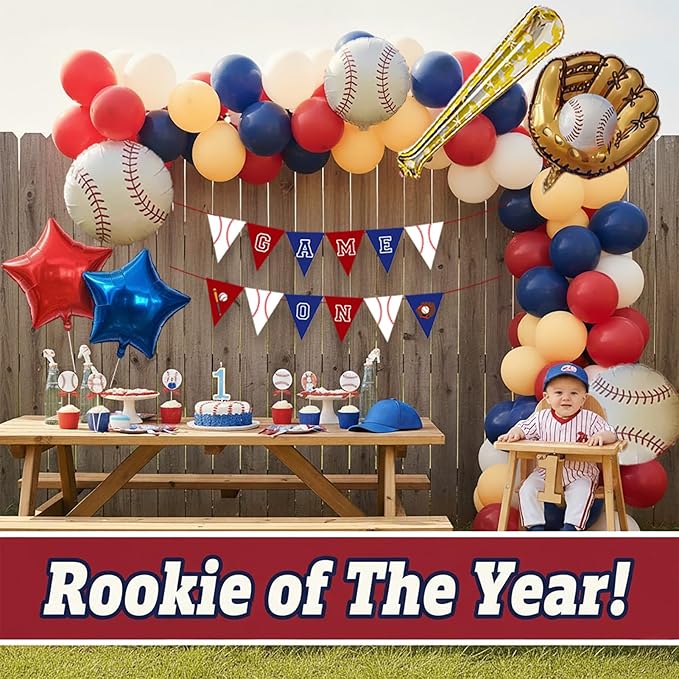 Baseball Birthday Party Decorations & with Red White Blue Nude balloon arch & Baseball Bat Gloves stars Foil balloons for Kids Fans Game Day sports Themed Rookie of the Year Party Decor Supplies