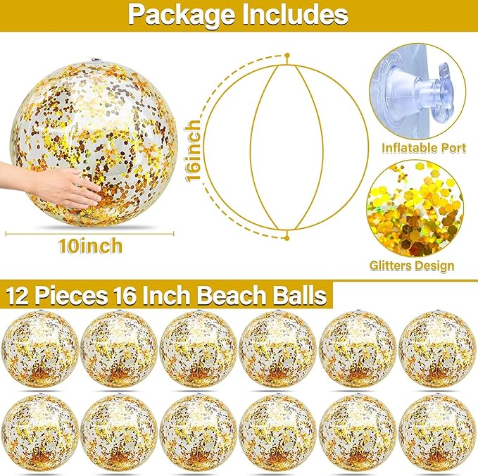 12 Pack Inflatable Glitter Beach Balls Bulk - 16" Beach Ball Swimming Pool Toys for Games Adults Kids, Summer Pool Beach Party Decoration,Luau Decorations Essential Blow Up Beach Ball (Gold,Glitter)