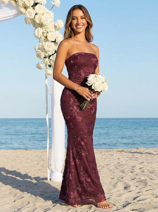 MEROKEETY Women's Floral Strapless Maxi Dress 2026 Summer Mesh Tube Bodycon Formal Wedding Guest Cocktail Party Long Dresses