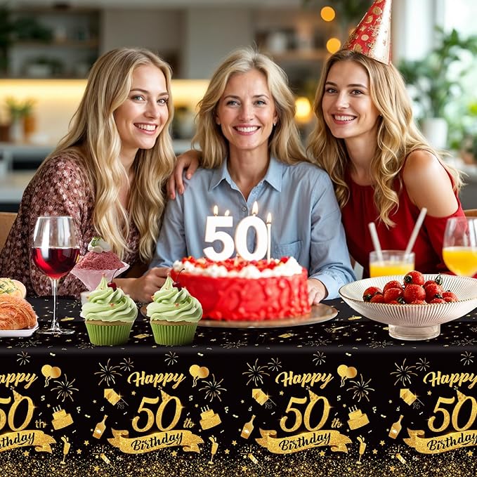 3 Pack 50th Birthday Plastic Tablecloth, 54x108 Inch Black Gold Disposable Rectangle Table Cover Waterproof Table Cloth for Birthday 50 Anniversary Party Supplies