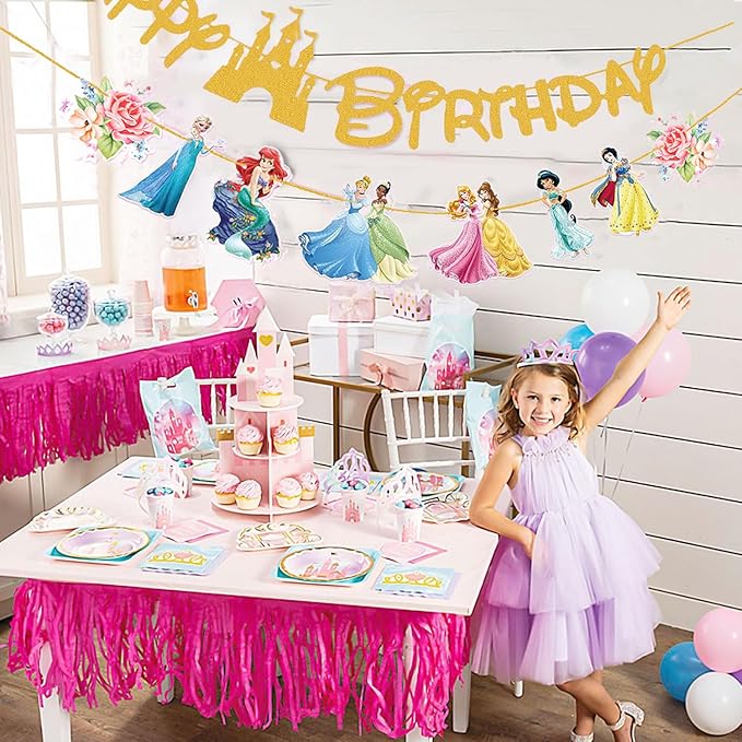 Gold Princess Birthday Banner for Girls, Princess Birthday Party Decoration For Girls Kids Party Baby Shower Decorations