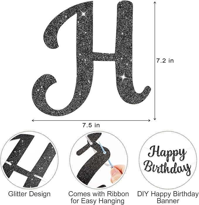 Glitter Happy Birthday Banner Sign Birthday Garland Wall Door Banners Flag for Women Men Boys Girls Party Backdrop Decorations Black