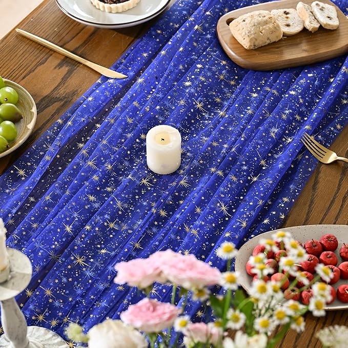 Horaldaily Royal Blue Gold Sparkling Star Gauze Tablecloth 52x70 Inch Rectangular, Golden Star Sequin Glitter Metallic Foil, Sheer Tulle Cheesecloth for Wedding Baby Shower Party