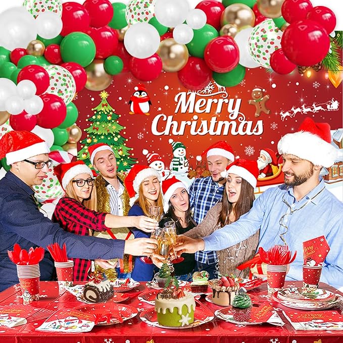 Christmas Party Decorations Dinnerware Set,225 PCS Xmas Party Decoration with Merry Christmas Plates and Napkins Cups Banner Tablecloth Balloons Backdrop for Holiday Party Supplies Serve 20