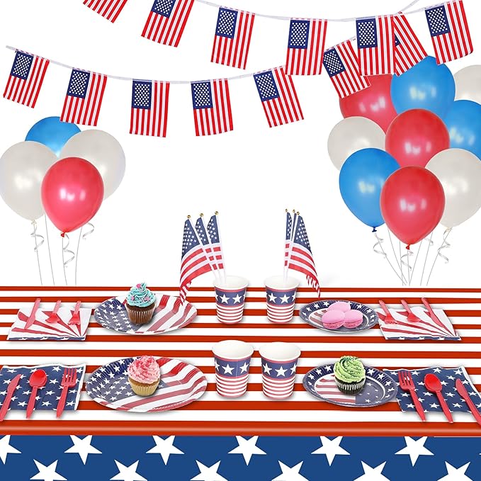 Esjay 4th of July Decorations, 3 Pack Fourth of July Tablecloth American Flag Plastic Table Cloth, Patriotic Party Supplies Red White Blue, Decorations for Memorial Day Veterans Outdoor Home(54"x72")