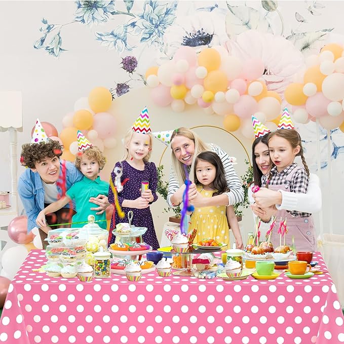 WNINK 3 Pack Pink and White Polka Dot Tablecloths, Pink Disposable Plastic Waterproof Table Cover, 54" x 108", for Birthday, Wedding, Bridal Shower, Bachelor, Pink Girl Party, and Picnic