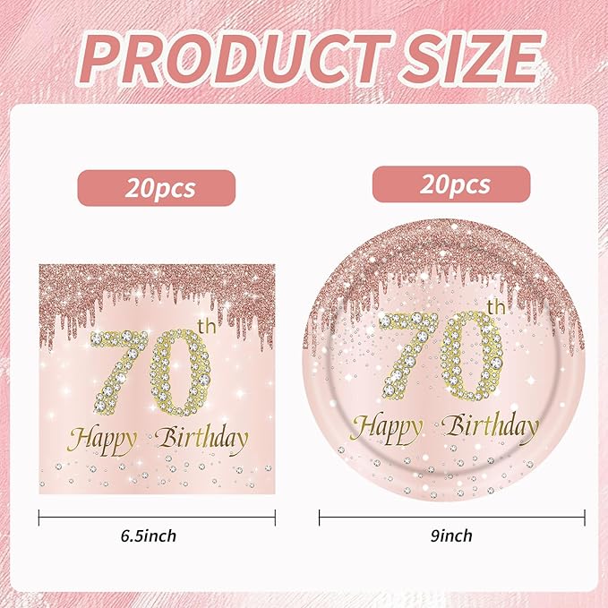 70th Rose Gold Birthday Plates and Napkins, 9 Inch Pink Rose Gold Disposable Dinner Dessert Plates Happy 70th Birthday Party Supplies Decorations for Girls Women
