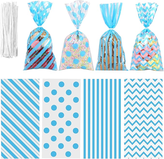Aneco 100 Pack Blue Cellophane 10.6 x 5.1 Inch Plastic Candy Gift Goodie with Twist Ties for Valentine, Birthday, Gift Cookie Snack Packing Party Favor Supplies