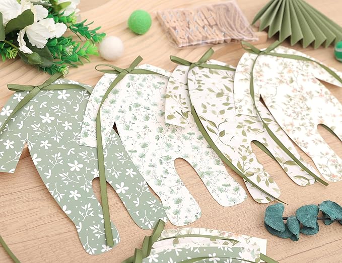 8pcs Neutral Baby Shower Bunting - Green Baby Pajamas with Ribbon Bows, Gender-Revealing Neutral Party Supplies, Clothesline Birthday Party Banner (Baby Shower Banner Green)