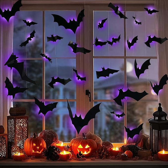 TW SHINE 36 Pcs Halloween Bats Wall Decor, Removable Lighted 3D Bats Wall Stickers Assorted Size, PVC Halloween Decorations for Indoor Outdoor Home Window Party Supplies