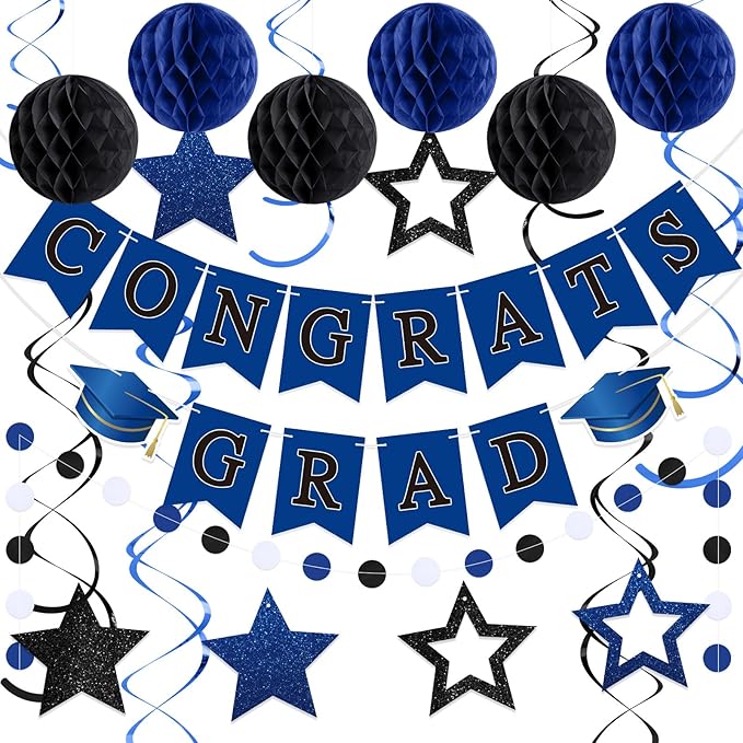 Blue and Black Congrats Grad Banner 2026 Graduation Decorations with Hanging Swirl Honeycomb Ball Circle Garland Grad Party Favor Supplies for College Senior High School Classroom Decor