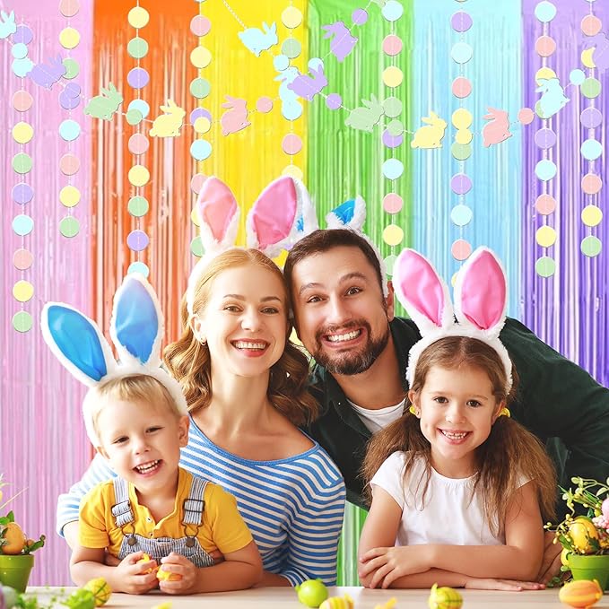 Easter Decorations Foil Fringe Curtains Photo Booth Prop Hanging Garland Easter Bunny Banner Rabbit Garland Rainbow Foil Fringe Curtains for Birthday Wedding Engagement Bridal Shower