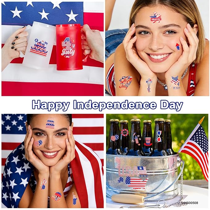 4th of July Temporary Tattoos, Metallic USA Fourth of July Patriotic Tattoos | American Flag Red White and Blue Face Tattoo Stickers, Independence Day Memorial Day Party Accessories Decoration