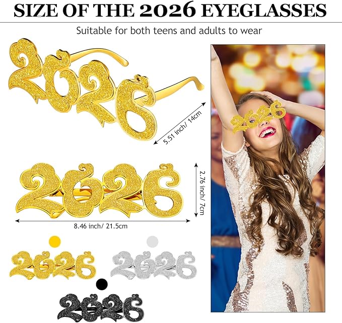Kanayu 3 Pcs 2026 New Years Party Supplies Glasses New Years Eve Glasses Props for Women Men, Gold, Silver, Black(Cloud Style)