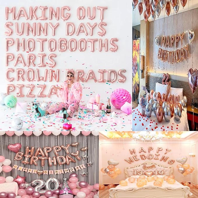 Happy Birthday Balloon Banner Custom Phrase Balloons letter 16 inch Personalized Alphabet Letters Foil Mylar Balloons (Rose gold)