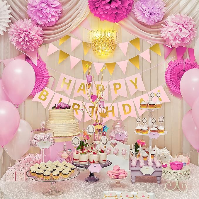 Irenare 4 Pieces Happy Birthday Banner Colorful Birthday Party Decor Rainbow Felt Garland Banner Rainbow Party Decorations Supplies(Pink, Gold)