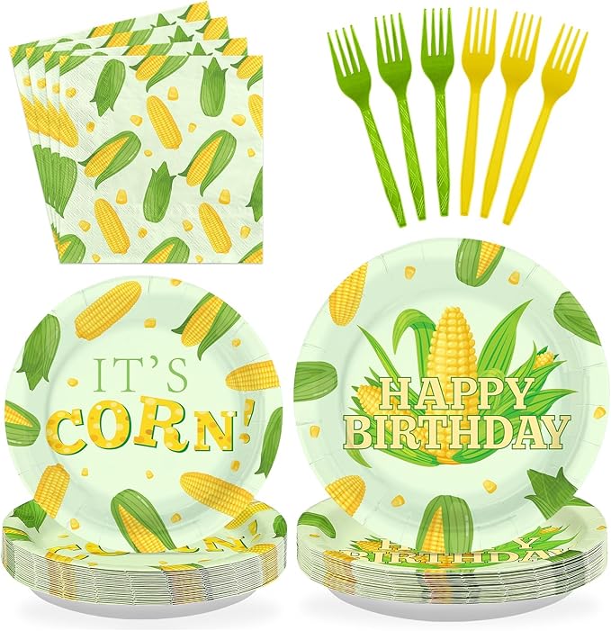 96 Pcs Cute Corn Birthday Party Decorations Vegetable Party Decorations Plates and Napkins Yellow Glitter Tableware Favors for Baby Shower Boys Girls Happy Birthday Party Supplies, Serves 24