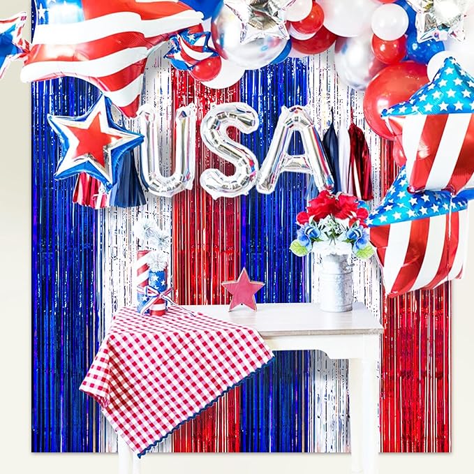 MYUPDALIN 2 Pack 4th of July Decorations - Tinsel Foil Fringe Red White and Blue Backdrop Patriotic Party Memorial Day Independence Day Labor Day, Veterans Day Party Decorations