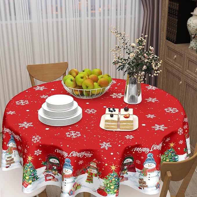 Christmas Round Tablecloth 70 Inch Xmas Snowman and Snowflake Pattern Circle Table Cloth Winter Table Cover Washable Polyester Decor for Home Kitchen Dinning Party
