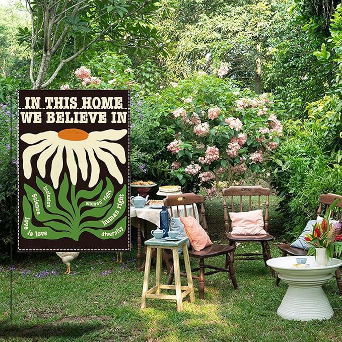 In This House We Believe Yard Flag Sign for Outside Yard DEI Supporter Resist Hate Double Sided Garden Flags 12 x18 inches