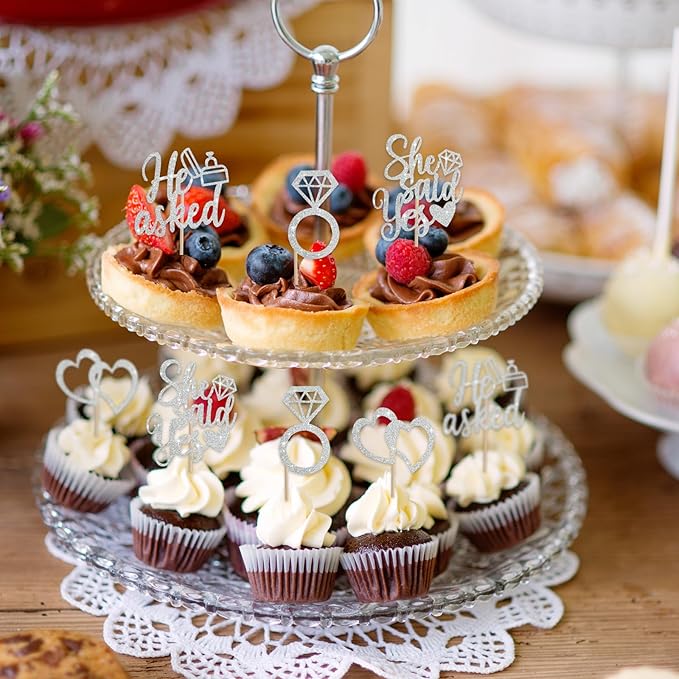 BEISHIDA He Asked She Said Yes Cupcake Toppers, 24 Pcs Engagement Cupcake Toppers Glitter Diamond Ring Heart Cupcake Picks for Wedding Engagement Bridal Shower Party Cake Decorations(Silver)