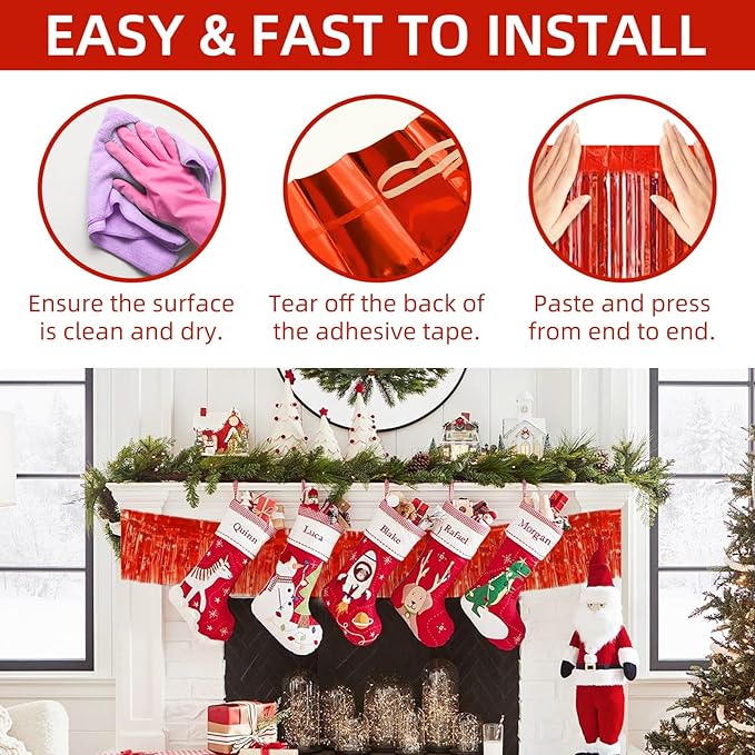 12 Pack 10 Feet Metallic Foil Fringe Garland Tinsel Streamers Banner, Red Wall Hanging Tinsel Fringe Banners for Parade Floats, Wedding, Birthday, Christmas, New Year Party Decorations