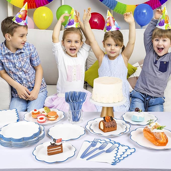 96 Pcs Blue and White Paper Plates and Napkins Set, Tableware set for 24 Guest include White Dessert Plates with Blue Scalloped Edge, Napkins and Forks for Baby Boy Shower, Bridal Shower, Wedding