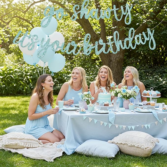 BEISHIDA Go Shawty It's Your Birthday Banner NO DIY Hip Hop Theme Happy Birthday Banner Pre-Strung Rap Theme Happy Birthday Sign for Man Women birthday Party Supply Glitter Light Blue