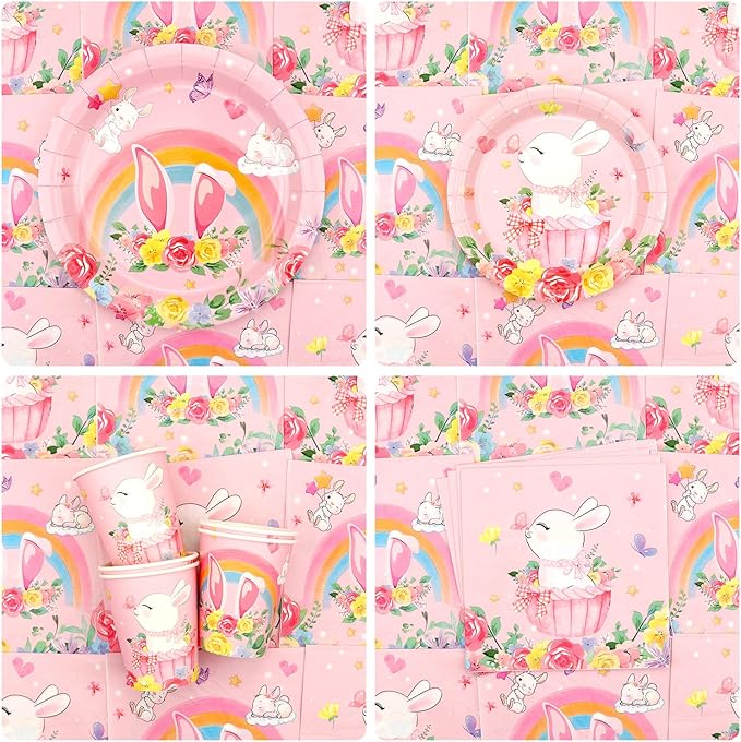 KEFAN Bunny Birthday Party Decorations, Rabbit Theme Party Tableware Supplies including Plates, Cups, Napkins, Tablecloth (40)