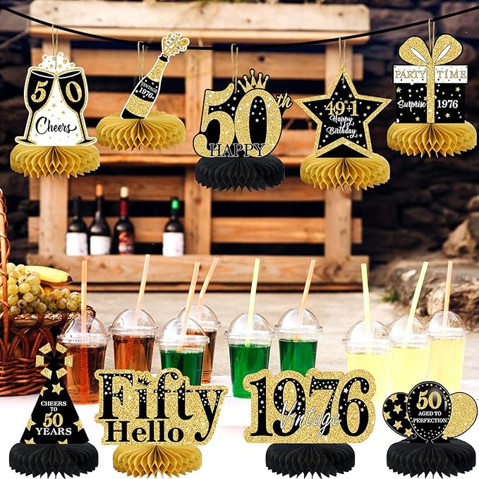 9 Pcs 50th Birthday Decorations Honeycomb Centerpieces for Women Men, Black Gold 1976 Aged to Perfection Vintage Centerpieces for Tables Toppers,Fifty Years Party Decorations Supplies