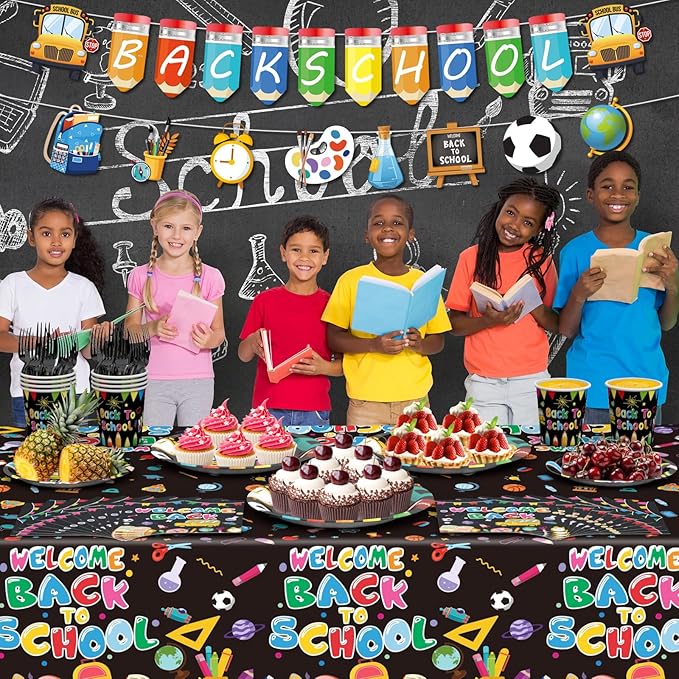 122 PCS Back to School Party Supplies, Disposable Tableware Set Include Back to School Plates and Napkins, Cups, Forks, Banner and Tablecloth for First Day of School Party Decorations , Serve 24