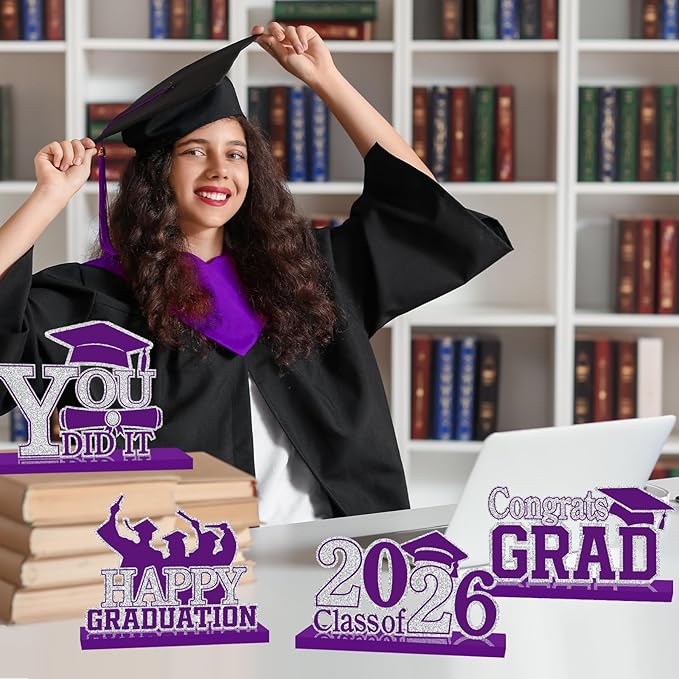 4Pcs Graduation Decorations Class of 2026 Wood Table Centerpieces Congrats Grad Wooden Sign Graduation Table Toppers Congratulate Tiered Tray Decor for 2026 Graduation Party (Purple-Silver)