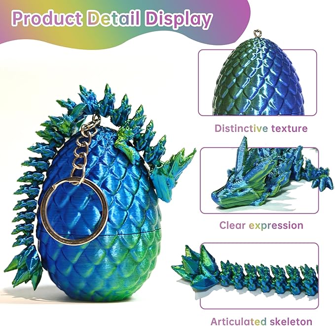 12 Pcs 3D Printed Dragon with Egg for Easter Basket Stuffers, Dinosaur Easter Eggs Fillers Fidget Toys,Easter,Birthdays, Christmas Easter Decorations Gifts for Girls Boys(with Keychain)