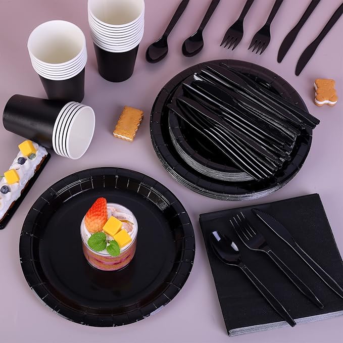 ADXCO 169 Pieces Black Party Supplies Include Black Plates and Cups Paper Napkins Plastic Forks Knives Spoons Tablecloth Serve 24 Guests for Wedding Birthday Party Decorations